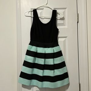 Y2K style fit and flare dress with plated mint and black stripes